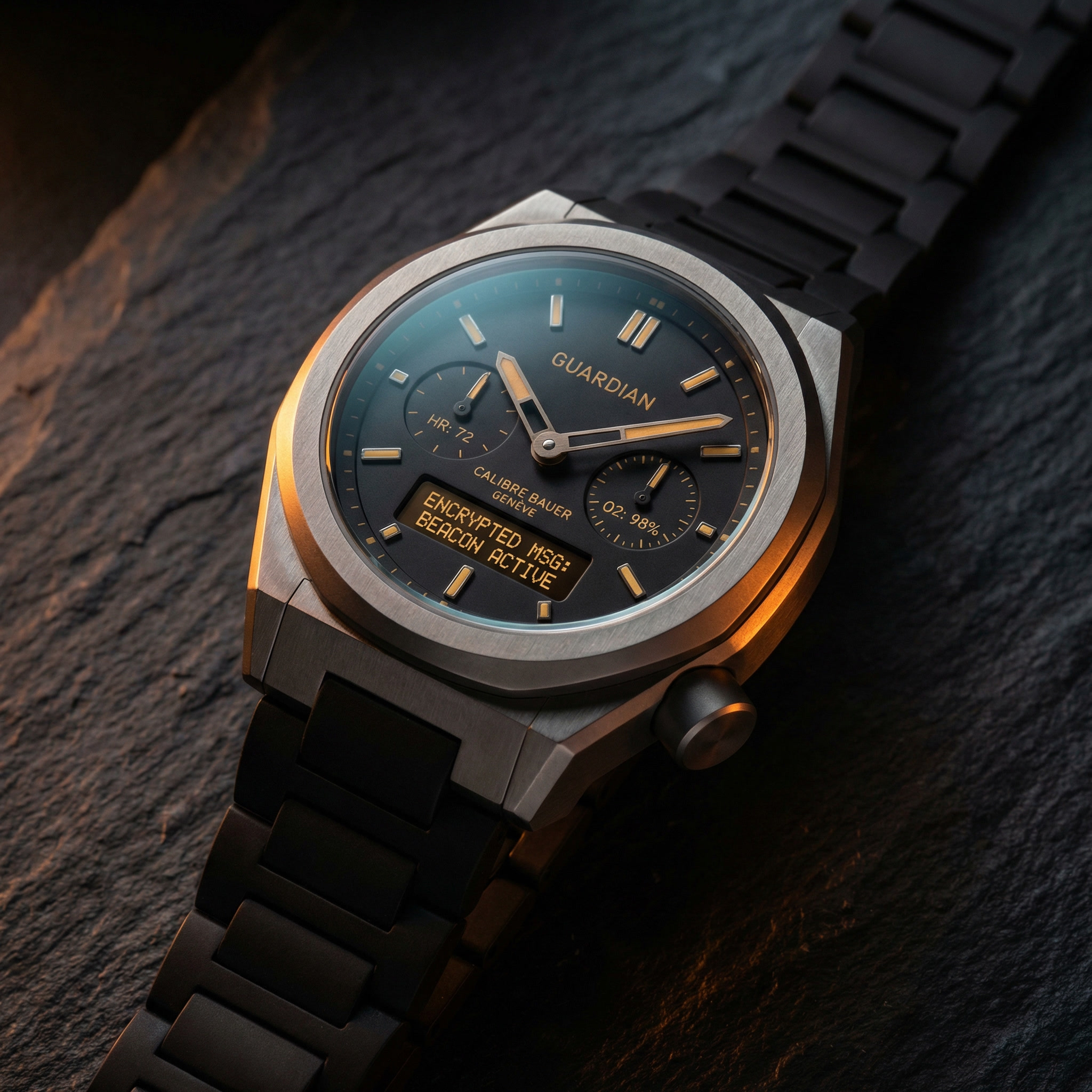 The Guardian by Calibre Bauer Genève — Grade 5 titanium tactical timepiece with satellite-linked biometric monitoring